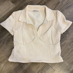 Zara Cream Knit Collared Blouse